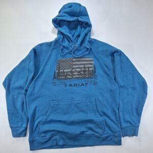 Ariat Men's Medium Blue Graphic Flag Pullover Fleece Lined Hoodie Sweatshirt